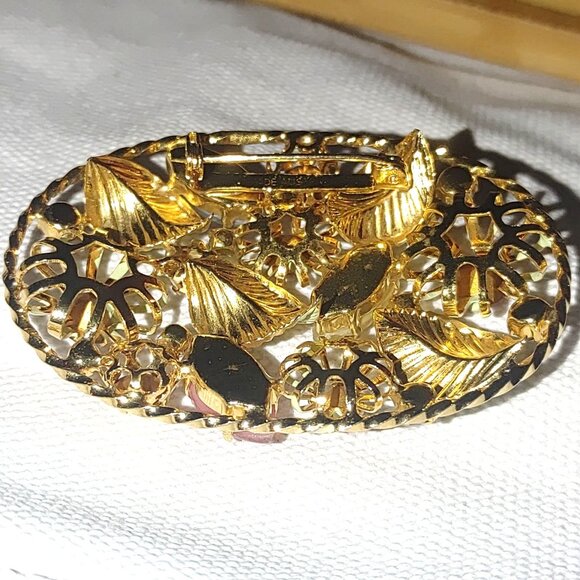 Austria Gold-Tone Rhinestone Floral Brooch Clip On Earrings Set Vintage Stamped - Picture 8 of 11